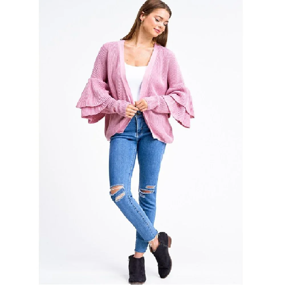 2FOR$30 - NWT Pink Knit Long Tiered Sleeve Cardigan, Large - Picture 2 of 5